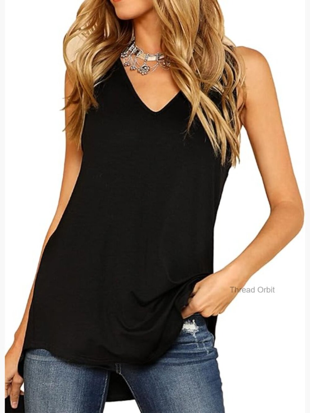Stretchy V-Neck Longline Dolphin Hem Tunic Tank Top Size S